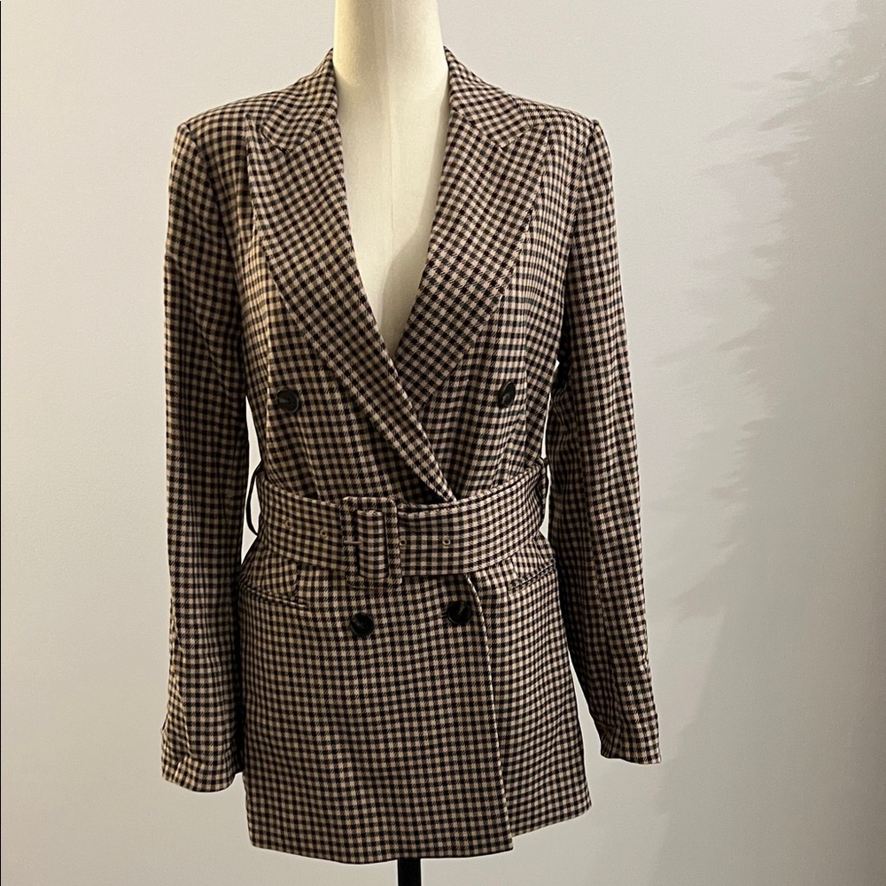 H&M Brown Belted Checkered Blazer Dress